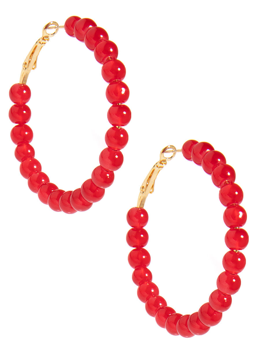 Glass Bead Hoop Earring - Red
