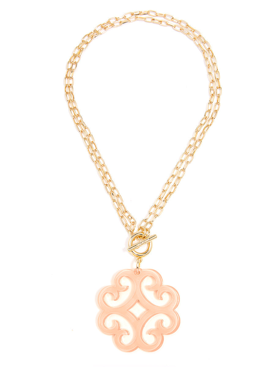 Circular Wave Resin Pendant Double Link Chain Necklace - BEI