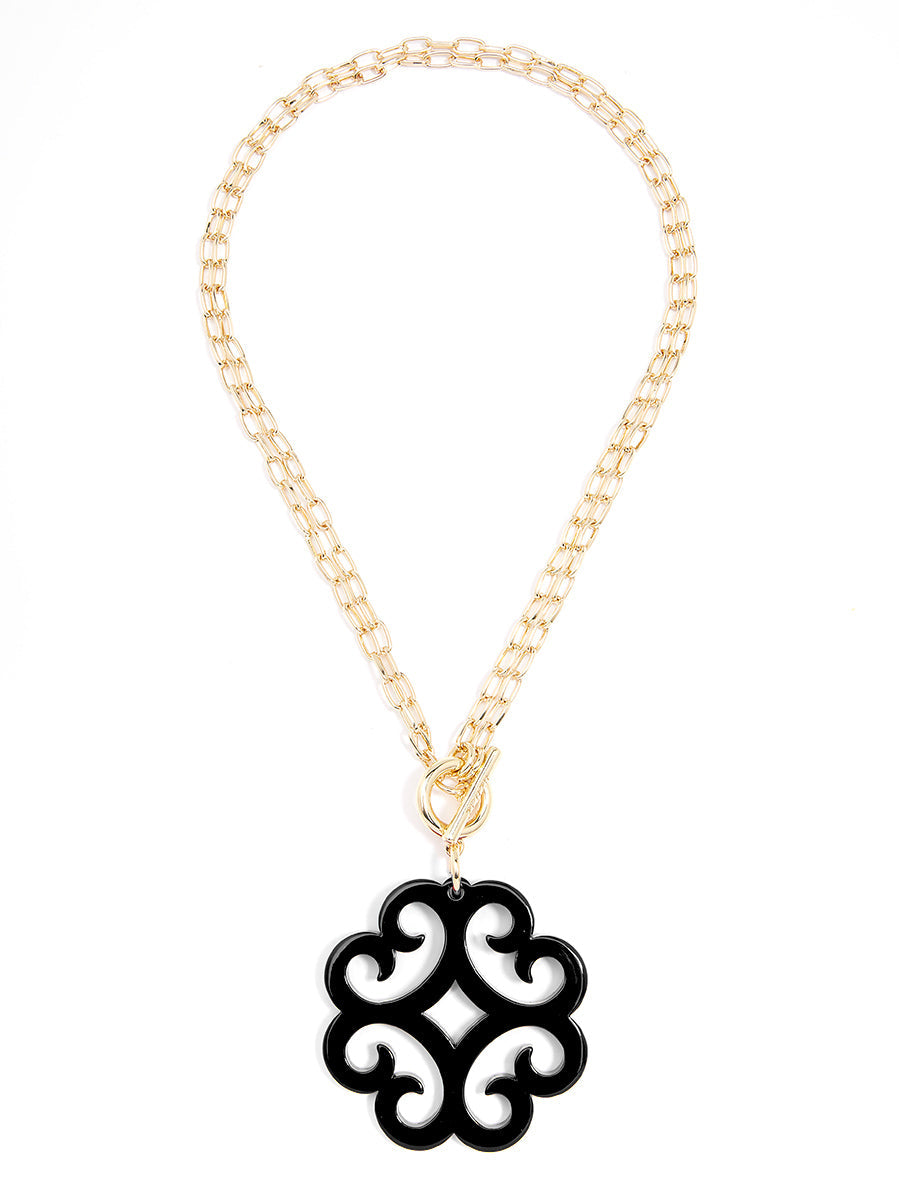 Circular Wave Resin Pendant Double Link Chain Necklace - BLK