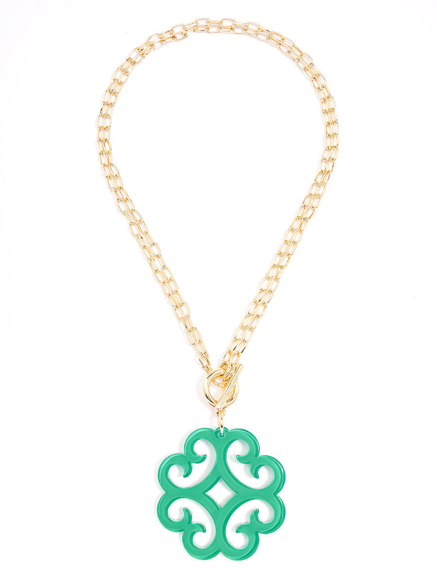 Circular Wave Resin Pendant Double Link Chain Necklace - D.GRN