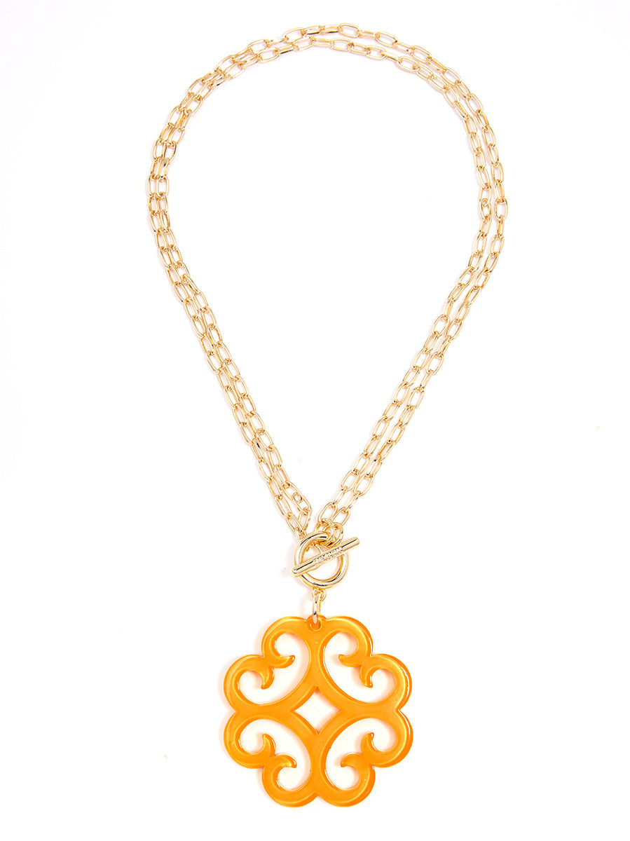 Circular Wave Resin Pendant Double Link Chain Necklace - HONEY