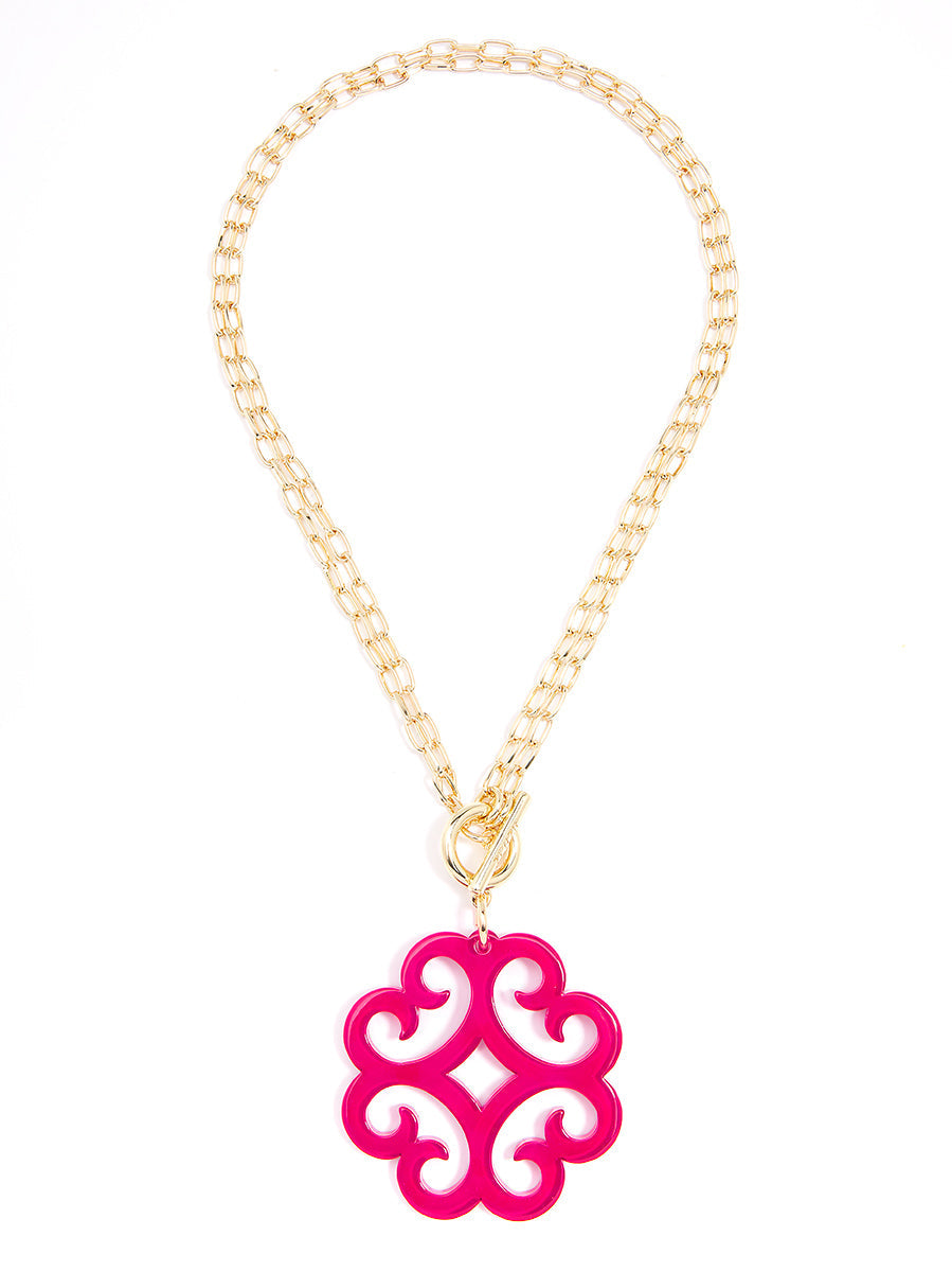Circular Wave Resin Pendant Double Link Chain Necklace - H.PNK