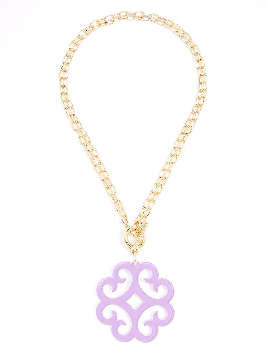 Circular Wave Resin Pendant Double Link Chain Necklace - LAV
