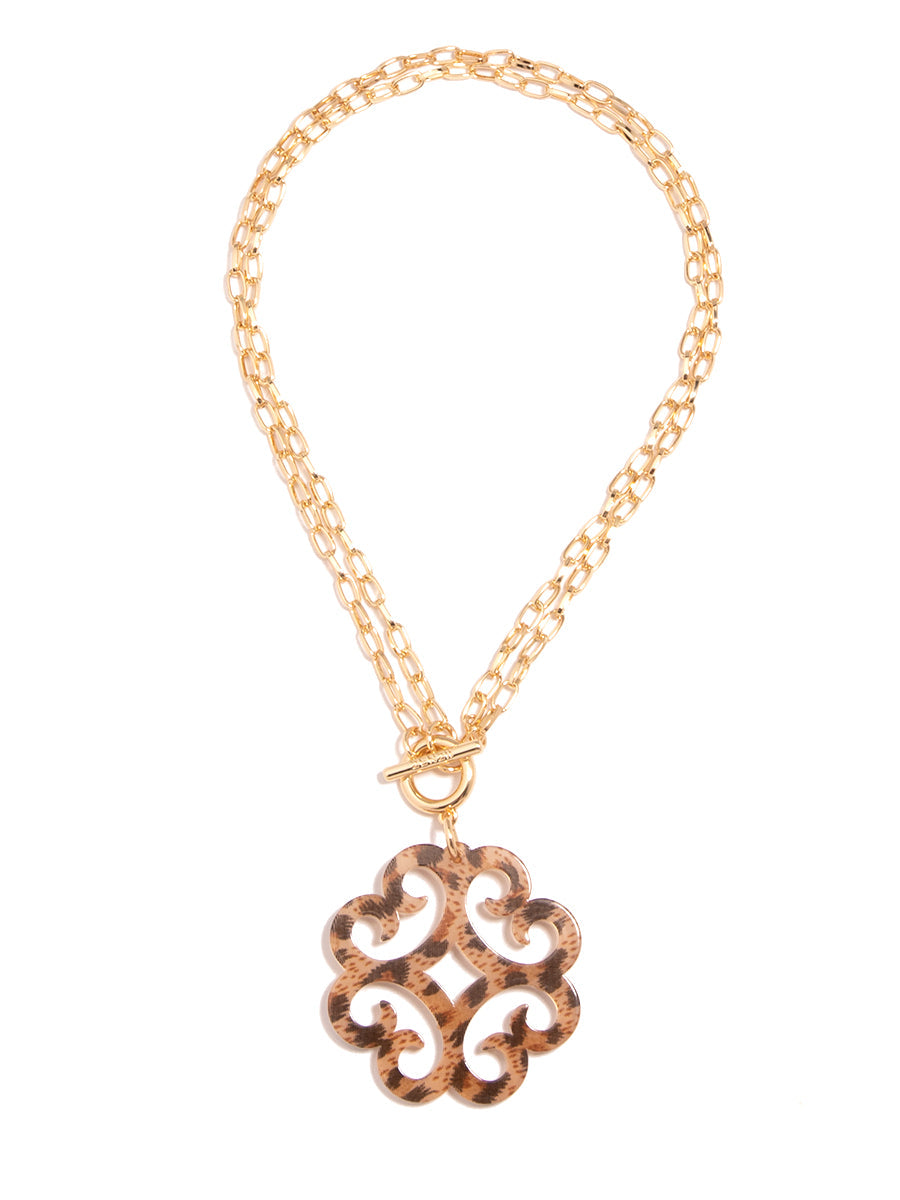 Circular Wave Resin Pendant Double Link Chain Necklace - LEO.BRN