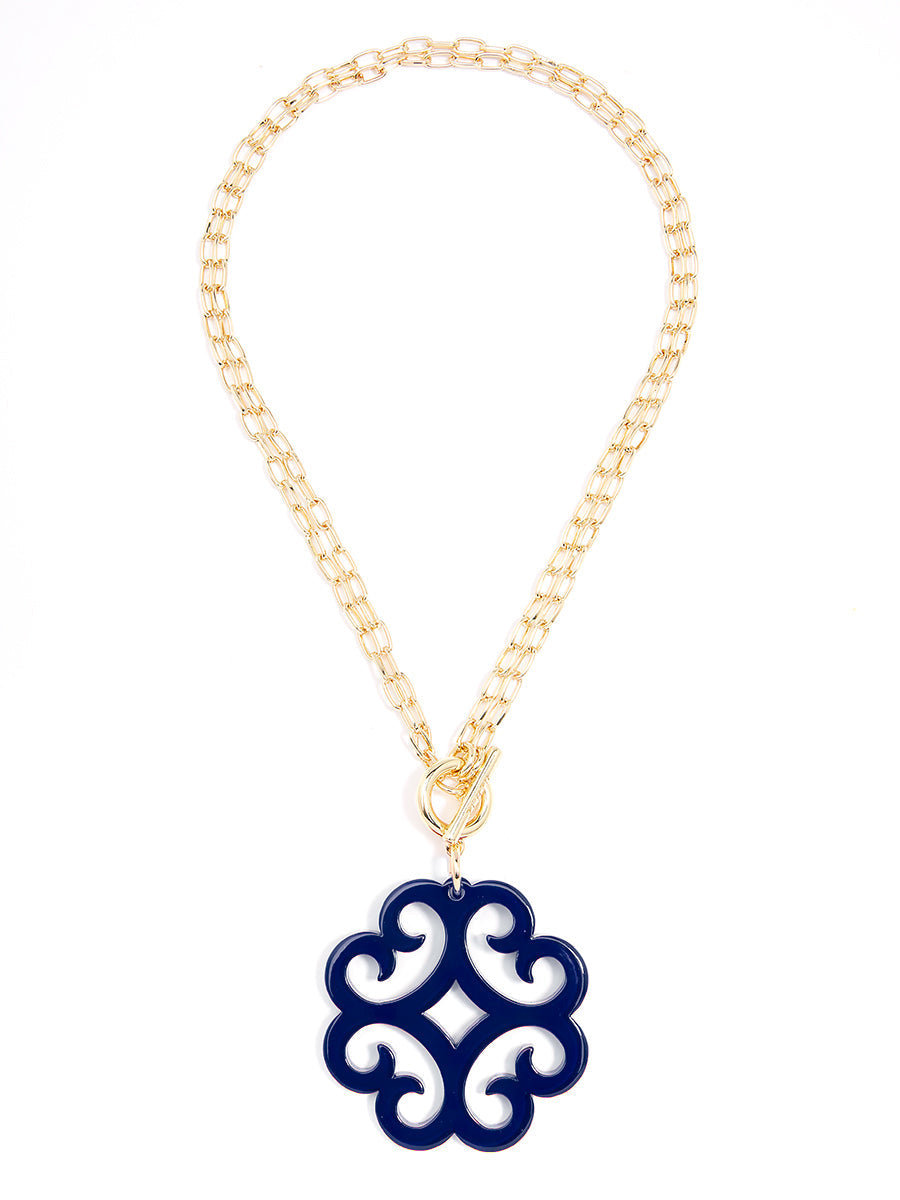 Circular Wave Resin Pendant Double Link Chain Necklace - NAVY