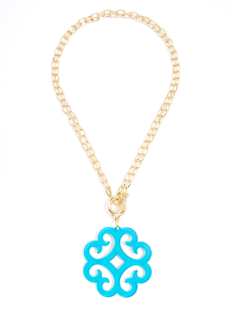 Circular Wave Resin Pendant Double Link Chain Necklace - N.BLU