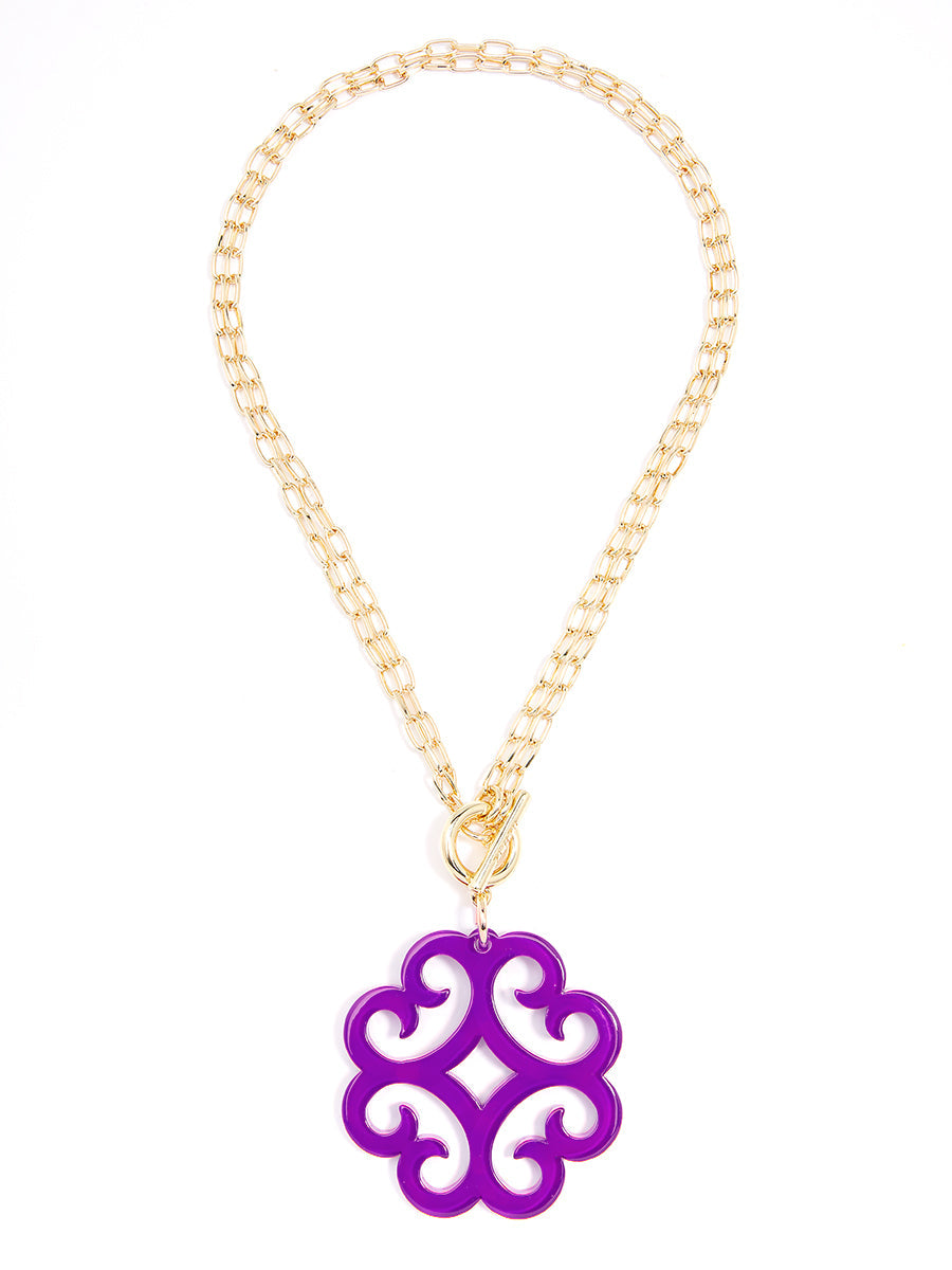 Circular Wave Resin Pendant Double Link Chain Necklace - PUR