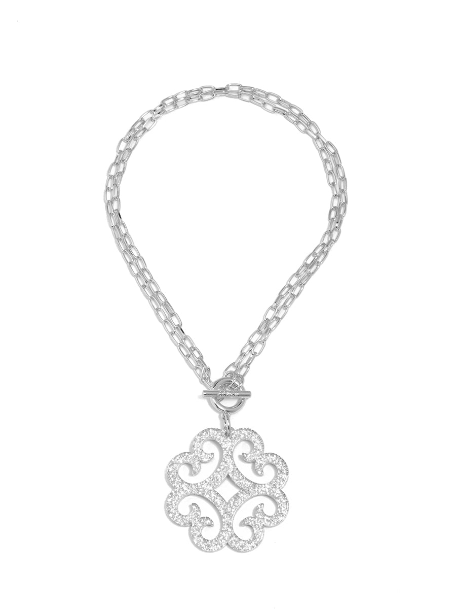 Circular Wave Resin Pendant Double Link Chain Necklace - SIL