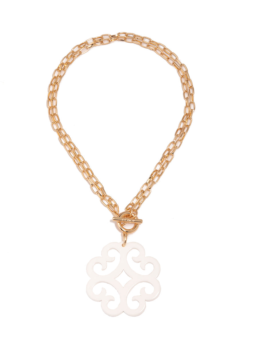 Circular Wave Resin Pendant Double Link Chain Necklace - WHT
