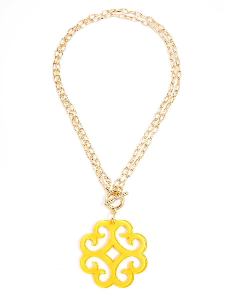 Circular Wave Resin Pendant Double Link Chain Necklace - YLW