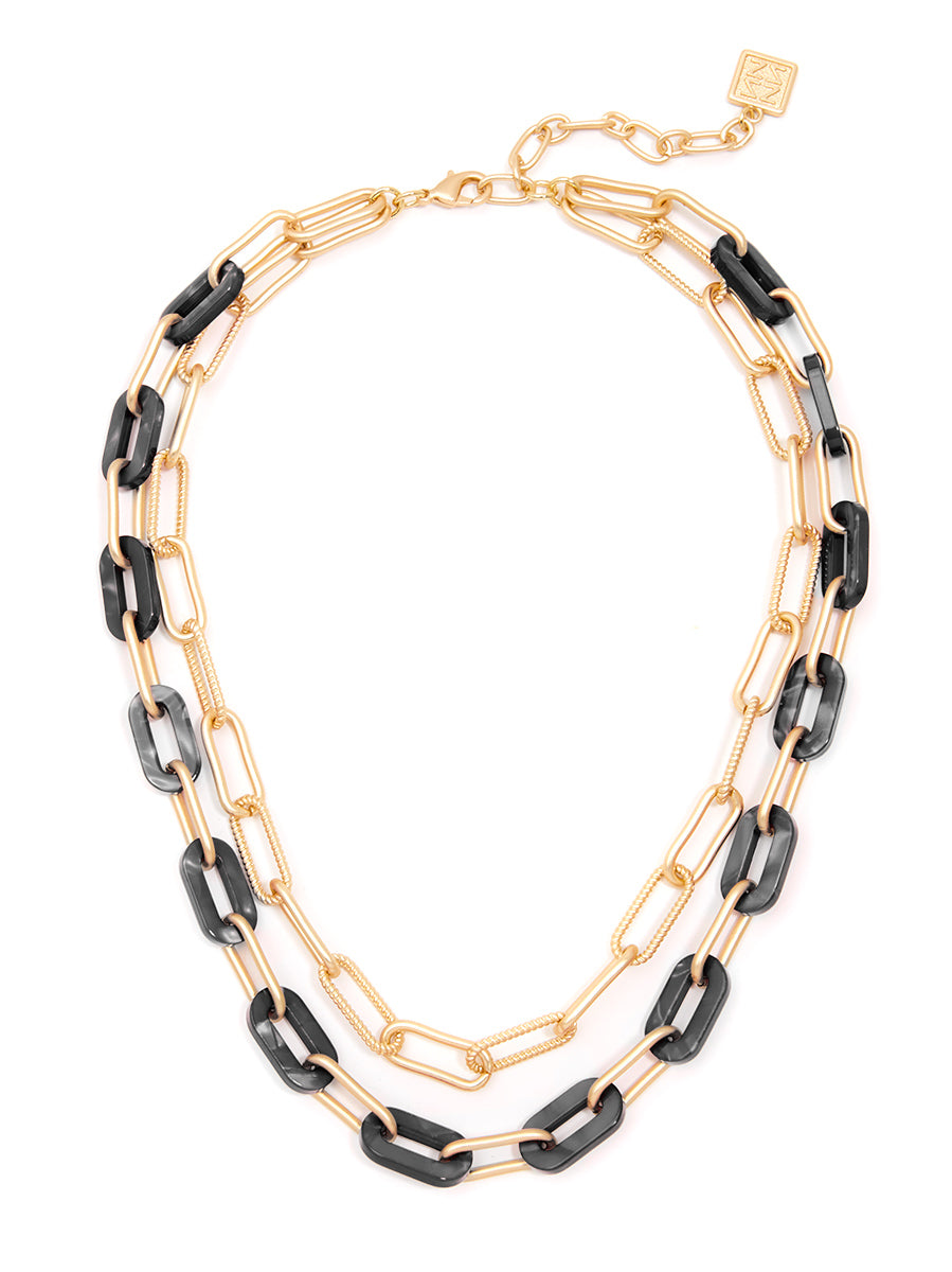 Marbled Resin and Paperclip Chain Layered Necklace - BLK