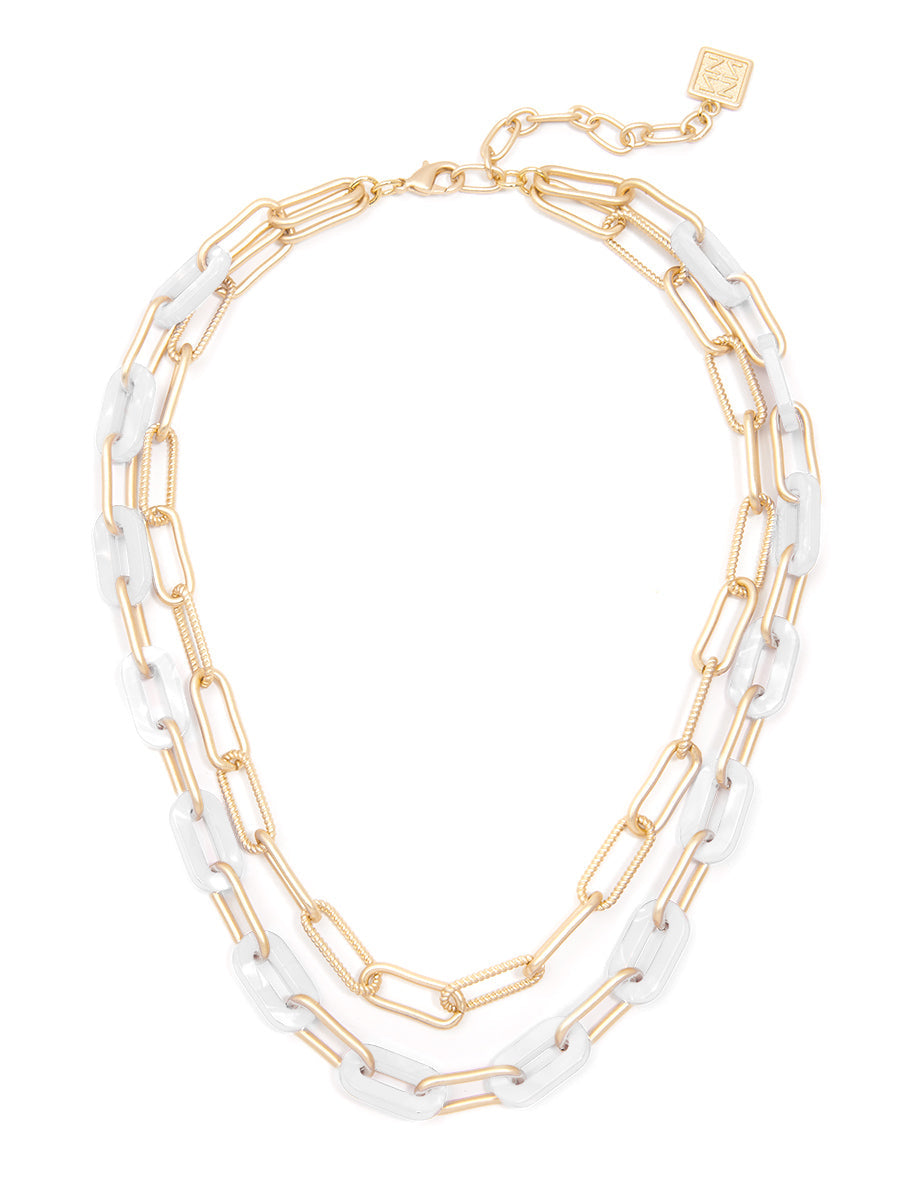 Marbled Resin and Paperclip Chain Layered Necklace - WHT